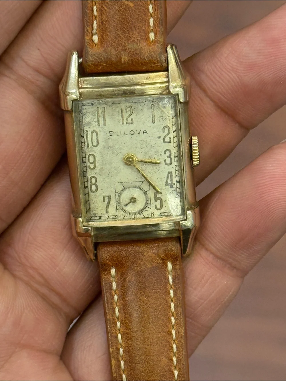 Bulova vintage 10k gold  Rectangular  Watch with Brown Leather Strap rare unisex